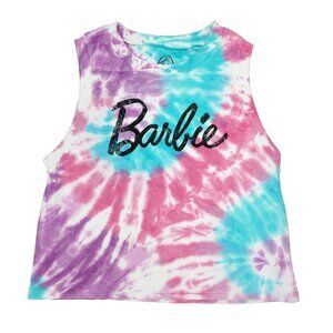 Barbie Tank Top Shirt Womens Small Pink Graphic Logo Spellout Sleeveless Tie Dye